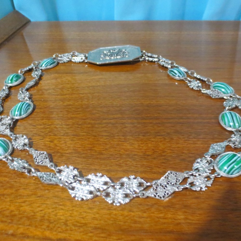 New Silver & Green Stone Double Chain Belt S